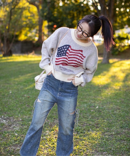 GORGE(ゴージ)の「《アメリカフラッグジャガード×メランジ風》レディース 短丈ニット トップス 秋冬(ニット/セーター・レディース・パープル/チャコール/ネイビー/オフホワイト・F)」の7枚目の写真