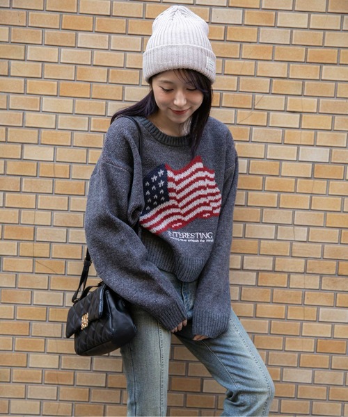 GORGE(ゴージ)の「《アメリカフラッグジャガード×メランジ風》レディース 短丈ニット トップス 秋冬(ニット/セーター・レディース・パープル/チャコール/ネイビー/オフホワイト・F)」の10枚目の写真