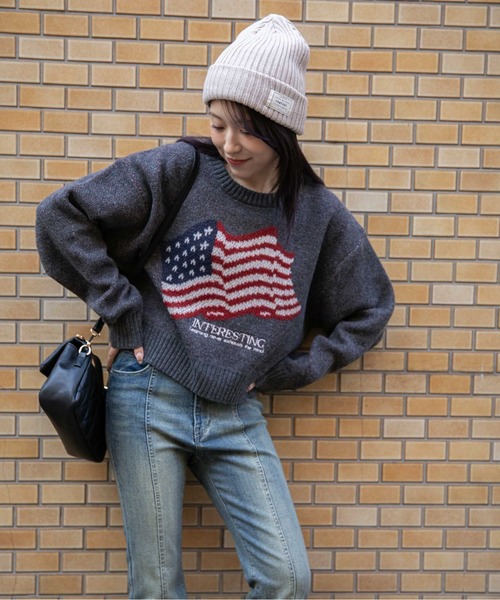 GORGE(ゴージ)の「《アメリカフラッグジャガード×メランジ風》レディース 短丈ニット トップス 秋冬(ニット/セーター・レディース・パープル/チャコール/ネイビー/オフホワイト・F)」の11枚目の写真
