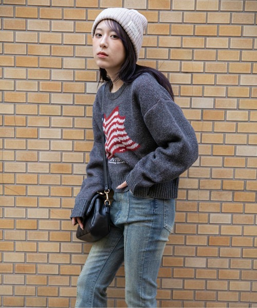 GORGE(ゴージ)の「《アメリカフラッグジャガード×メランジ風》レディース 短丈ニット トップス 秋冬(ニット/セーター・レディース・パープル/チャコール/ネイビー/オフホワイト・F)」の12枚目の写真