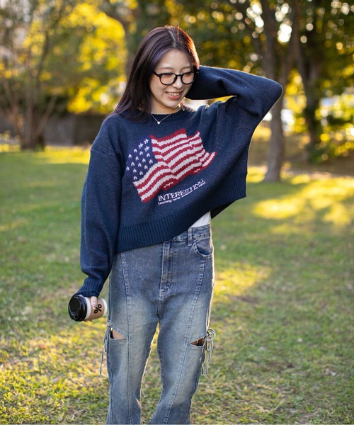 GORGE(ゴージ)の「《アメリカフラッグジャガード×メランジ風》レディース 短丈ニット トップス 秋冬(ニット/セーター・レディース・パープル/チャコール/ネイビー/オフホワイト・F)」の15枚目の写真