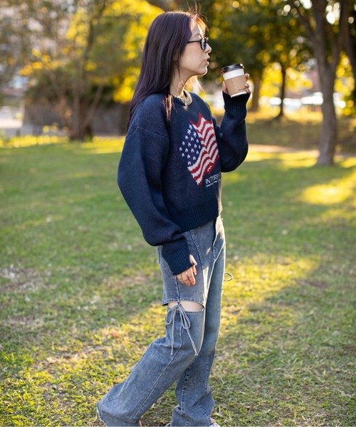 GORGE(ゴージ)の「《アメリカフラッグジャガード×メランジ風》レディース 短丈ニット トップス 秋冬(ニット/セーター・レディース・パープル/チャコール/ネイビー/オフホワイト・F)」の16枚目の写真