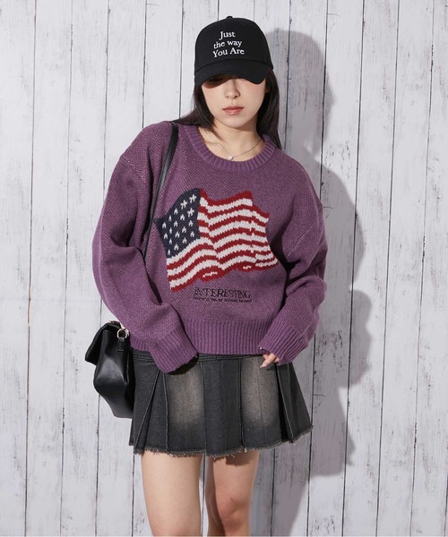GORGE(ゴージ)の「《アメリカフラッグジャガード×メランジ風》レディース 短丈ニット トップス 秋冬(ニット/セーター・レディース・パープル/チャコール/ネイビー/オフホワイト・F)」の18枚目の写真