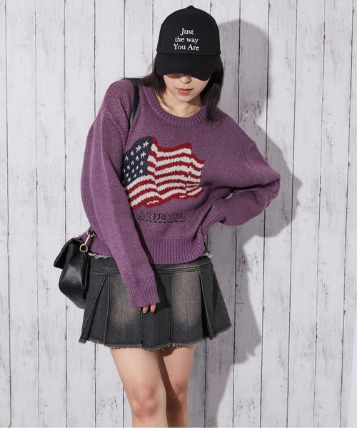 GORGE(ゴージ)の「《アメリカフラッグジャガード×メランジ風》レディース 短丈ニット トップス 秋冬(ニット/セーター・レディース・パープル/チャコール/ネイビー/オフホワイト・F)」の19枚目の写真