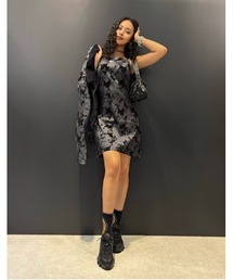 フロッキー フラワー クロスストラップ ミニドレス ブラック