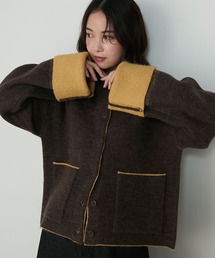 【forksy.】袖配色デザインバイカラーダブルフェイスニットカーディガンブラウン