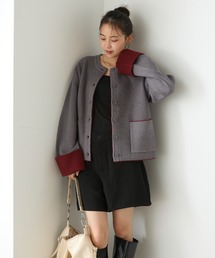 【forksy.】袖配色デザインバイカラーダブルフェイスニットカーディガン