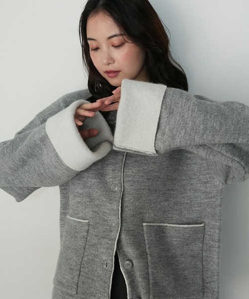 forksy.】袖配色デザインバイカラーダブルフェイスニットカーディガン