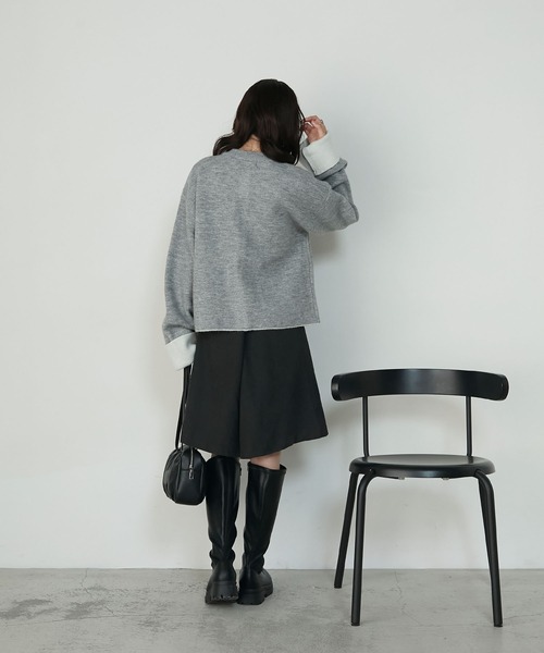 forksy.】袖配色デザインバイカラーダブルフェイスニットカーディガン