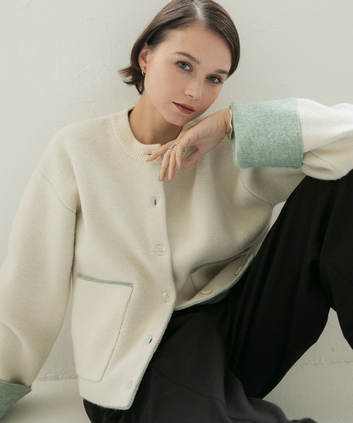 forksy.】袖配色デザインバイカラーダブルフェイスニット