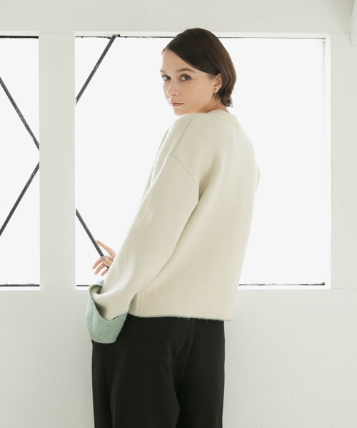 forksy.】袖配色デザインバイカラーダブルフェイスニットカーディガン