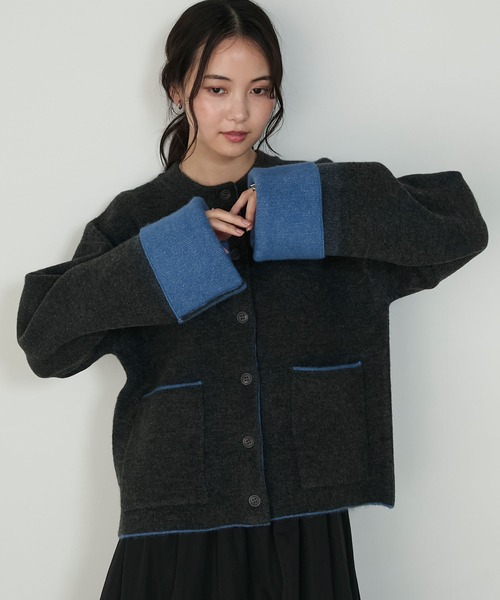 forksy.】袖配色デザインバイカラーダブルフェイスニットカーディガン