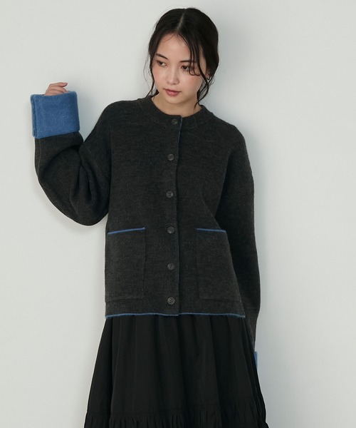 forksy.】袖配色デザインバイカラーダブルフェイスニットカーディガン