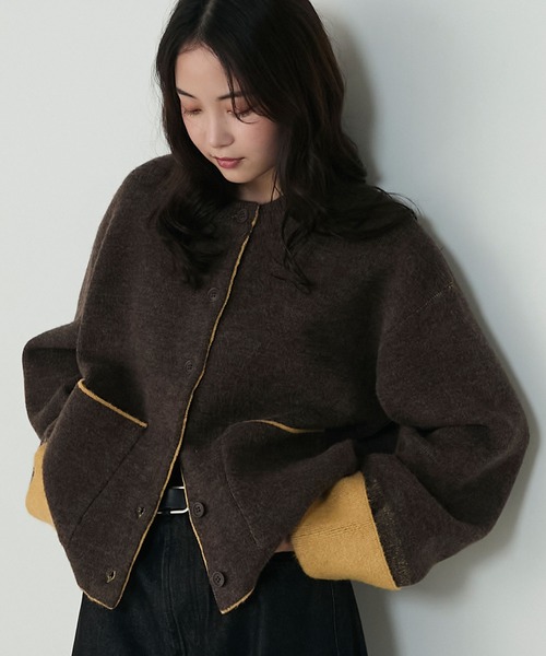 forksy.（フォルクシー）の「【forksy.】袖配色デザインバイカラーダブルフェイスニットカーディガン（カーディガン/ボレロ・レディース・ブラウン/グレー/チャコール/アイボリー・FREE）」の9枚目の写真