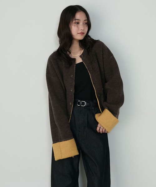 forksy.（フォルクシー）の「【forksy.】袖配色デザインバイカラーダブルフェイスニットカーディガン（カーディガン/ボレロ・レディース・ブラウン/グレー/チャコール/アイボリー・FREE）」の10枚目の写真