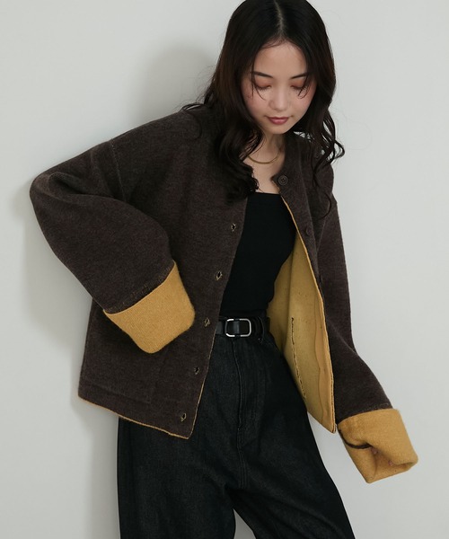 forksy.】袖配色デザインバイカラーダブルフェイスニットカーディガン