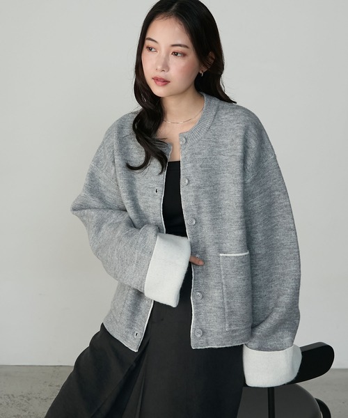 セール】【forksy.】袖配色デザインバイカラーダブルフェイスニット