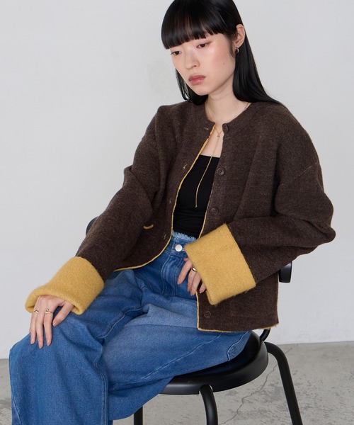 forksy.（フォルクシー）の「【forksy.】袖配色デザインバイカラーダブルフェイスニットカーディガン（カーディガン/ボレロ・レディース・ブラウン/グレー/チャコール/アイボリー・FREE）」の7枚目の写真