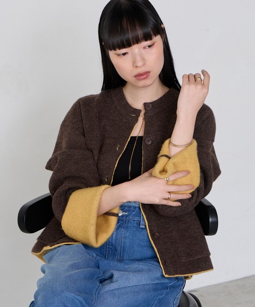 forksy.（フォルクシー）の「【forksy.】袖配色デザインバイカラーダブルフェイスニットカーディガン（カーディガン/ボレロ・レディース・ブラウン/グレー/チャコール/アイボリー・FREE）」の8枚目の写真