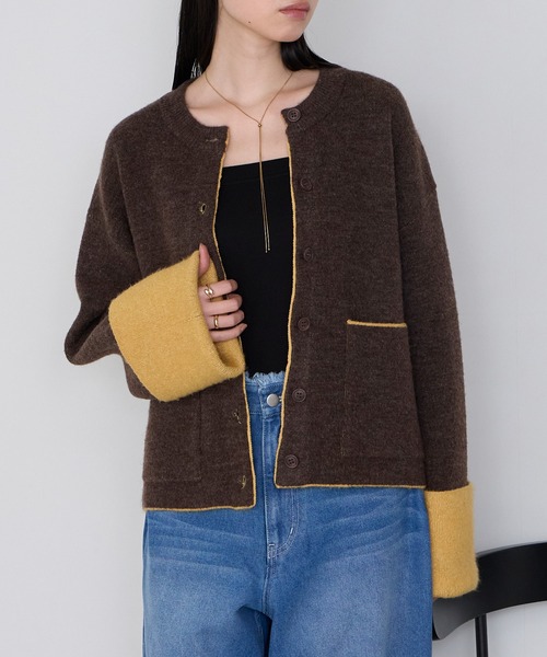 forksy.（フォルクシー）の「【forksy.】袖配色デザインバイカラーダブルフェイスニットカーディガン（カーディガン/ボレロ・レディース・ブラウン/グレー/チャコール/アイボリー・FREE）」の9枚目の写真