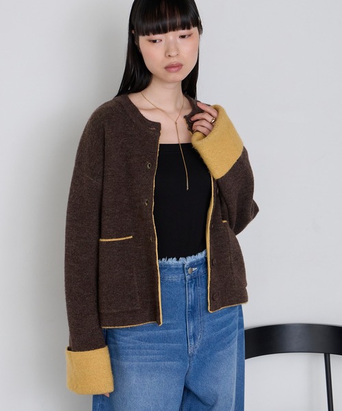 forksy.（フォルクシー）の「【forksy.】袖配色デザインバイカラーダブルフェイスニットカーディガン（カーディガン/ボレロ・レディース・ブラウン/グレー/チャコール/アイボリー・FREE）」の5枚目の写真