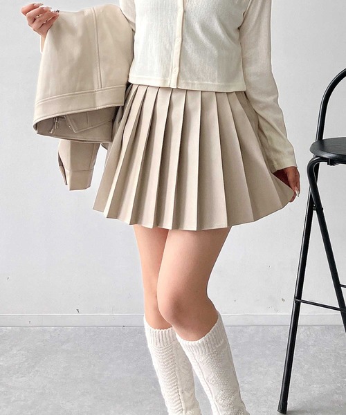 新品未使用 anuans キュロット MEDIUM ベージュ レディース セール】♪フェイクレザープリーツミニスカート セットアップ可能