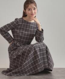 【大人可愛い・微起毛】先染めチェック柄フィット&フレアワンピース