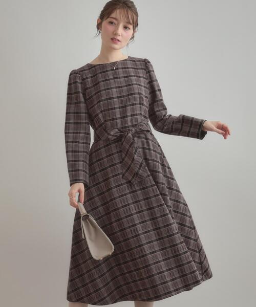 【大人可愛い・微起毛】先染めチェック柄フィット＆フレアワンピース