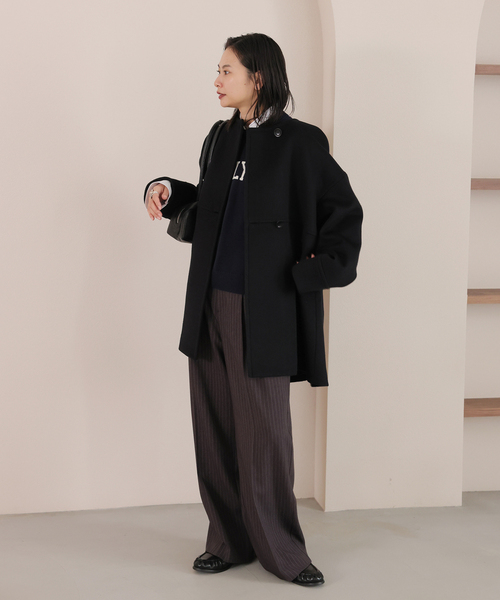 美品＊ジャーナルスタンダード スーパー140ビーバーノーカラーコート 黒 ロング 追加2》スーパー140ビーバーノーカラーコート（ノーカラーコート