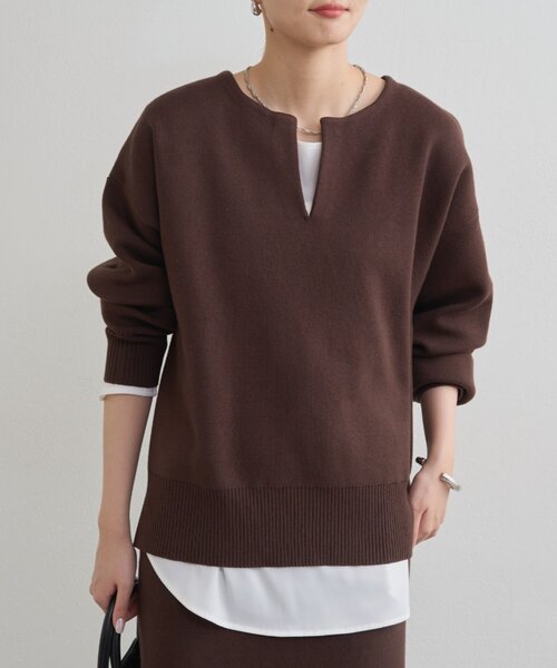ラウンジドレス　スウェットライクスキッパーニット　ブラウン shirabe.s_コラボ】スウェットライクスキッパーニット（ニット