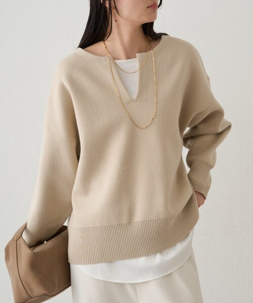 ラウンジドレス　スウェットライクスキッパーニット　ブラウン shirabe.s_コラボ】スウェットライクスキッパーニット（ニット