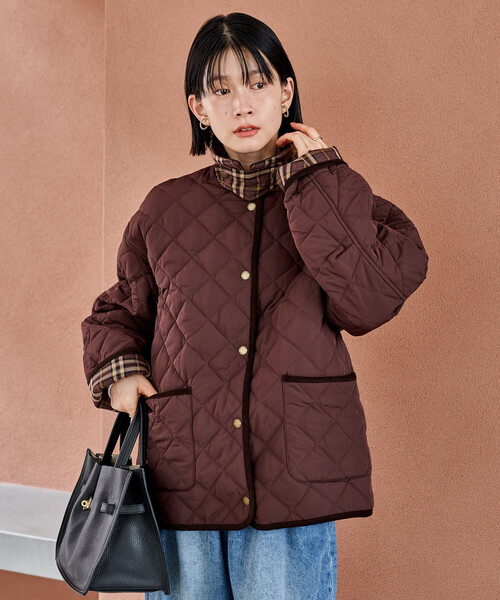 FREAK'S STORE（フリークスストア）の「PRIMALOFT ダイヤキルト 襟付きミドルコート/プリマロフト ジャケット（ブルゾン・レディース・ブラウン/オリーブ/ブラック・ﾌﾘ-）」の13枚目の写真