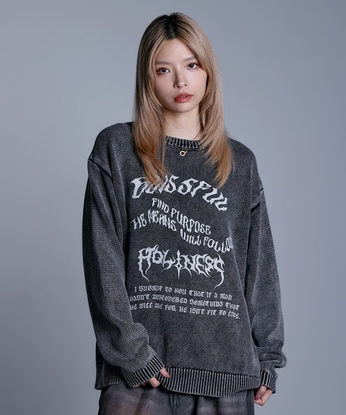 MSG（エムエスジー）の「ヘビーウェイトヴィンテージ加工 天竺編みグラフィックニット【UNISEX】（ニット/セーター・メンズ・ブラック系/グレー系/ワイン系/ブラック・S/M/L/XL）」の9枚目の写真