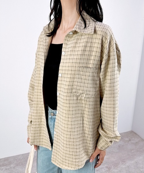 CLOTHY(クロシィ)の「【羽織るだけで様になるオーバーサイズデザイン】グラフチェックシャツ(シャツ/ブラウス・レディース・オフホワイト/イエロー・FREE)」の9枚目の写真