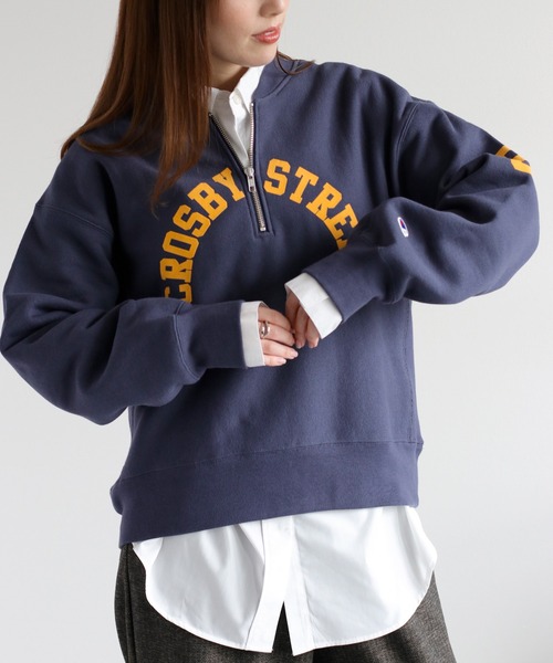Champion(チャンピオン)の「【Champion】裏起毛リバースウィーブハーフジッププリントスウェット(スウェット・レディース・オートミール/ダークネイビー・L)」の2枚目の写真