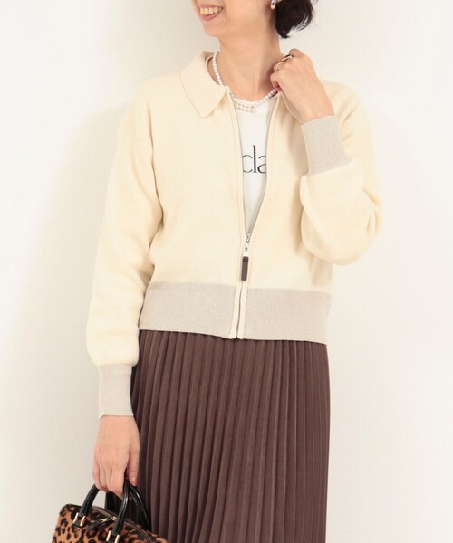 MICO COULIER(ミコクリエ)の「襟付きジップアップカーディガン(カーディガン/ボレロ・レディース・チャコールグレー/キナリ/サックスブルー・38)」の2枚目の写真