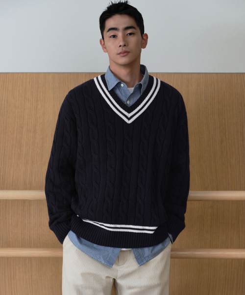 Кейбл V‑neck криект‑нит футболка [Navy]