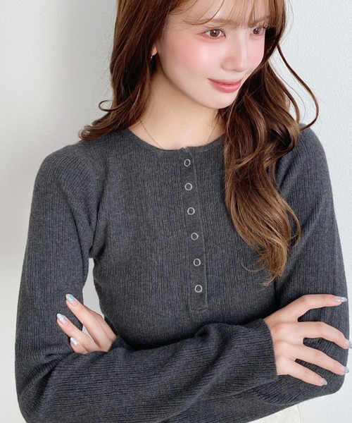 オブリ　ニット　美品 セール】ヘンリーネックリングドットリブニットプルオーバー（ニット