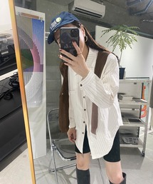 ISOOK | ショールセットストライプシャツ(kiharu select) / レギュラーカラー 長袖 カーディガン オフィスカジュアル 2点セット アイボリー ベージュ(シャツ/ブラウス)