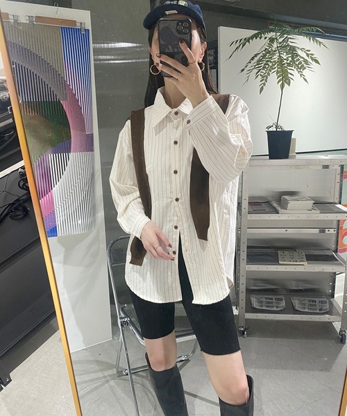 ISOOK（アイスー）の「ショールセットストライプシャツ(kiharu select) / レギュラーカラー 長袖 カーディガン オフィスカジュアル 2点セット アイボリー ベージュ（シャツ/ブラウス・レディース・アイボリー/ベージュ・FREE）」の3枚目の写真