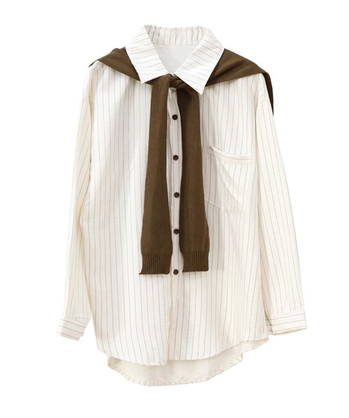 ISOOK（アイスー）の「ショールセットストライプシャツ(kiharu select) / レギュラーカラー 長袖 カーディガン オフィスカジュアル 2点セット アイボリー ベージュ（シャツ/ブラウス・レディース・アイボリー/ベージュ・FREE）」の9枚目の写真