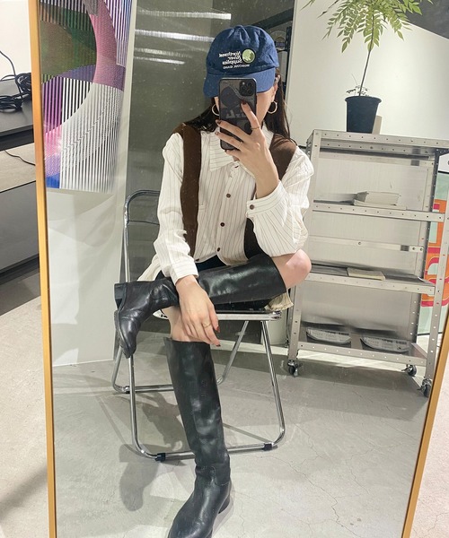 ISOOK（アイスー）の「ショールセットストライプシャツ(kiharu select) / レギュラーカラー 長袖 カーディガン オフィスカジュアル 2点セット アイボリー ベージュ（シャツ/ブラウス・レディース・アイボリー/ベージュ・FREE）」の7枚目の写真