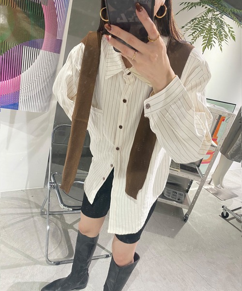 ISOOK（アイスー）の「ショールセットストライプシャツ(kiharu select) / レギュラーカラー 長袖 カーディガン オフィスカジュアル 2点セット アイボリー ベージュ（シャツ/ブラウス・レディース・アイボリー/ベージュ・FREE）」の8枚目の写真