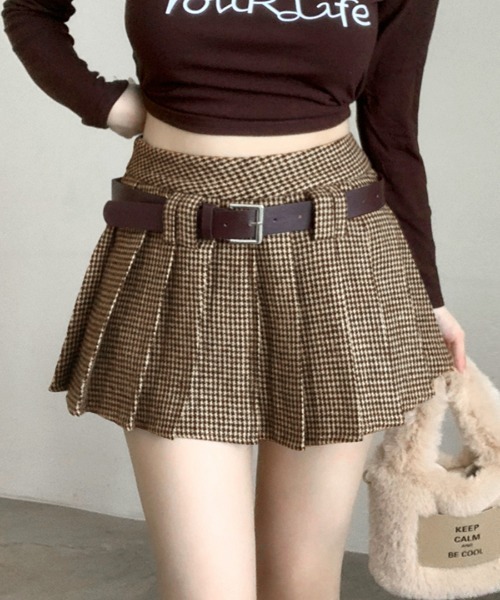 セール】2点セット ベルト付き千鳥格子柄プリーツミニスカート