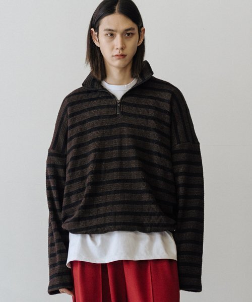 OW102 stripe half zip-up knit (brown)