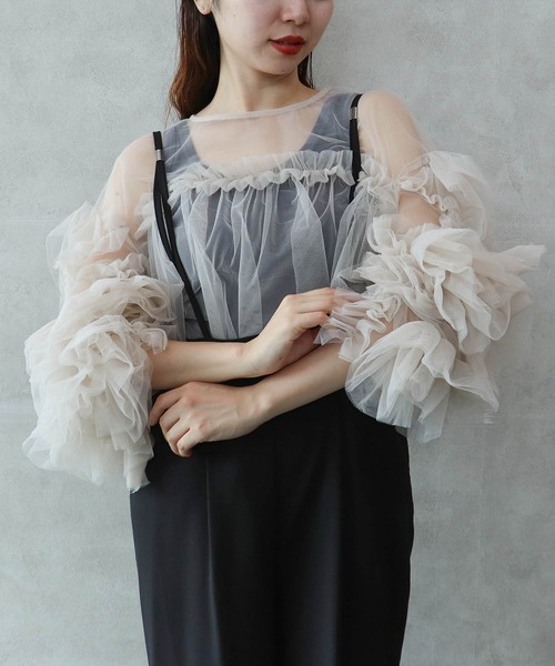 Cepica(セピカ)の「【ANDRESD】DECORATIVE TULLE TOPS(Tシャツ/カットソー・レディース・ベージュ/ドット/チャコールグレー・FREE)」の2枚目の写真