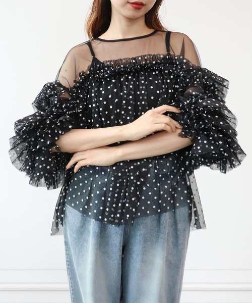 Cepica(セピカ)の「【ANDRESD】DECORATIVE TULLE TOPS(Tシャツ/カットソー・レディース・ベージュ/ドット/チャコールグレー・FREE)」の6枚目の写真