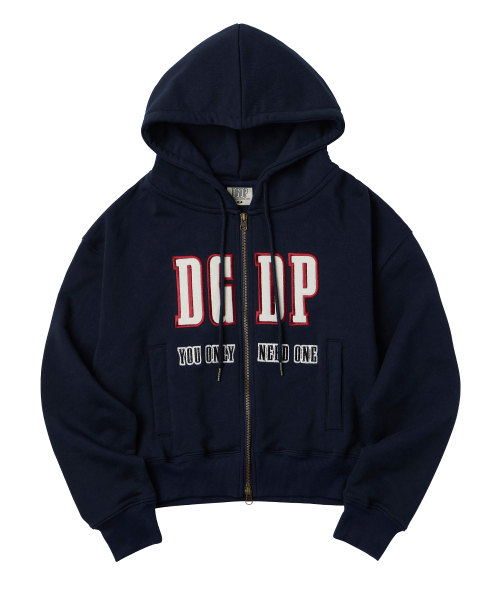 DANGLEDROP(ダングルドロップ)の「DGDPアップリケクロップフード集業ネイビー(パーカー・レディース・その他・S/M)」の1枚目の写真