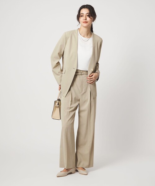 green label relaxing ノーカラースーツ上下　ベージュ size SHORTあり］サラフール ノーラペル ジャケット ストレッチ 接触冷