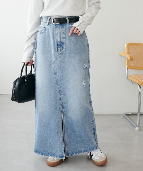 DISCOAT（ディスコート）の「USコットンクラッシュデニムナロースカート（デニムスカート・レディース・サックスブルー・FREE）」の2枚目の写真